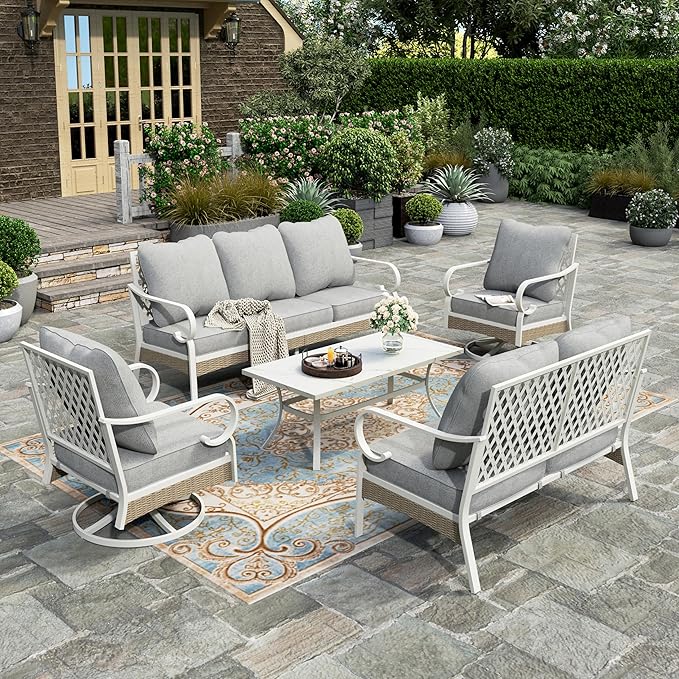 HERA'S HOUSE 5 Piece Metal Patio Furniture Set, 7 Seats All Weather Outdoor Conversation Set, 3 Seat Sofa with Loveseat, 2 Swivel Chairs, Coffee Table for Backyard, Garden, Deck, White/Grey
