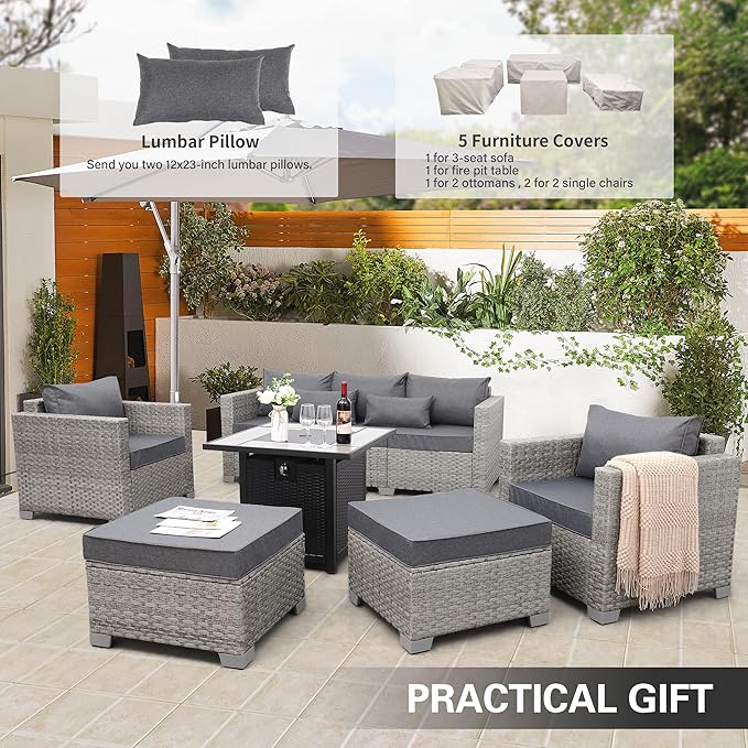WAROOM Patio Furniture Set 6 Piece PE Rattan Outdoor Conversation Sets Grey Wicker Couch Sectional Sofa with 30" Fire Pit Table and Grey Cushion