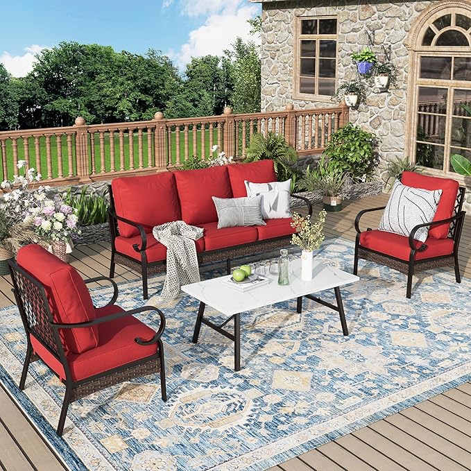 Patio Furniture Set with Coffee Table, Outdoor Conversation Set with 2 x Fixed Chairs, 1 x 3-Seat Sofa for Lawn Garden Backyard, Red