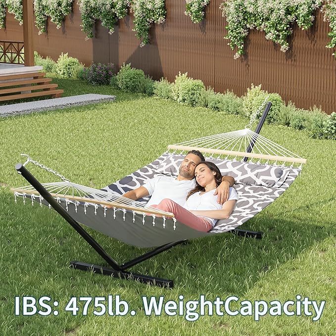 CABIHOME Double Hammock with Stand – 475 Lbs Capacity, Adjustable Double-Layer Outdoor Hammock Chair, Sturdy Steel Frame, Thick Rope, for Backyard, Camping, Porch, or Outdoor Adventures, Light Grey