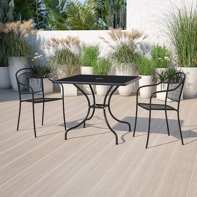 BizChair Commercial Grade 35.5" Square Black Indoor-Outdoor Steel Patio Table with Umbrella Hole