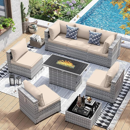 UDPATIO Patio Furniture Set with 44'' Fire Pit Table, 8 PCS Outdoor Sectional Furniture Sets, Outdoor Conversation Set PE Rattan Sofa for Backyard W/Coffee Table (Beige Cushions with Grey Rattan)