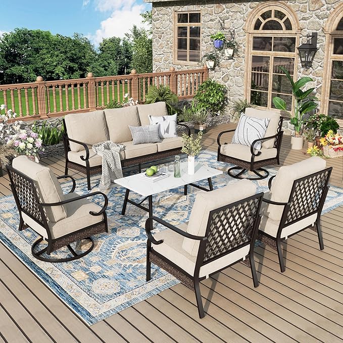 Patio Furniture Set with Coffee Table, Outdoor Conversation Set with 2 x Fixed Chairs, 2 x Swivel Chairs, 1 x 3-Seat Sofa for Lawn Garden Backyard, Beige