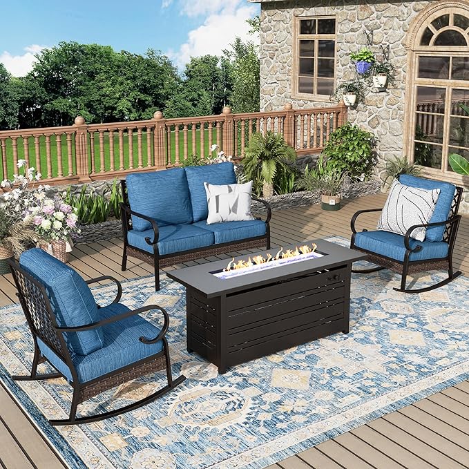 Patio Furniture Set with Fire Pit Table, 4 PCS Metal Outdoor Conversation Set with 5.75'' Extra Thick Cushion, 2 Rocking Chairs, Loveseat Sofa and Gas Fire Pit Table, Pacific Blue