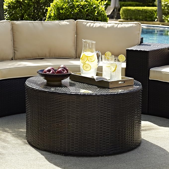Crosley Furniture Catalina All Weather Rattan Wicker Outdoor Round Coffee Table for Patio, Deck, Porch, Brown