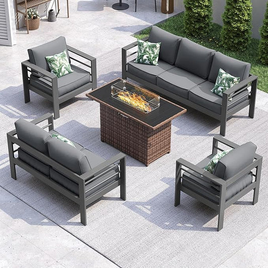 UDPATIO 8 Piece Aluminum Patio Furniture Set with Wicker Fire Pit Table,Mordern Outdoor Furniture Set with Water-Proof Cover Included, Dark Grey