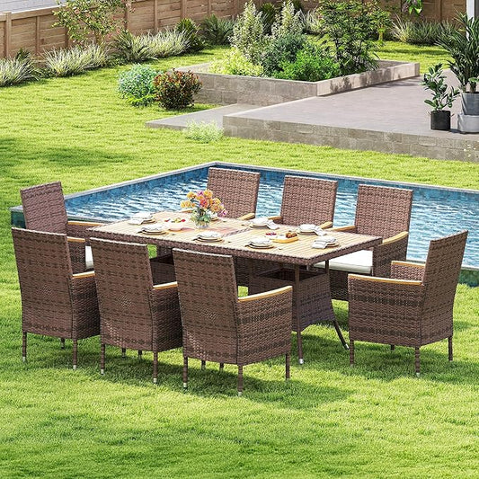 Wisteria Lane Patio Dining Sets for 8, All Weather Rattan Outdoor Table and Chairs with Acacia Wood Tabletop, Patio Dining Furniture with Removable Cushions for Deck Garden, Backyard, Brown