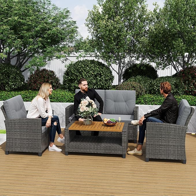 Green4ever Patio Conversation Sets, Wicker Outdoor Patio Furniture Set, 4 Pieces All Weather Rattan Patio Sofa with Wood Coffee Table and Thick Cushions, Grey