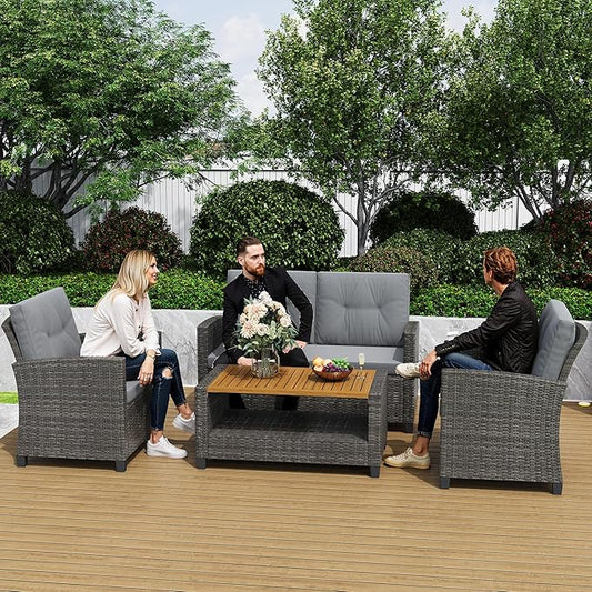 Green4ever Patio Conversation Sets, Wicker Outdoor Patio Furniture Set, 4 Pieces All Weather Rattan Patio Sofa with Wood Coffee Table and Thick Cushions, Grey
