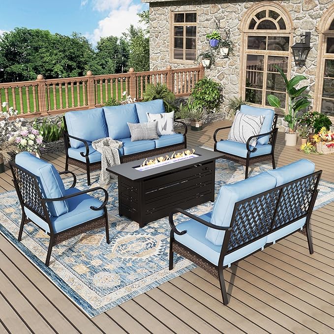 Patio Furniture Set with Fire Pit Table, 5PCS Metal Outdoor Conversation Set with 2 x Fixed Chairs, 1 x Loveseat, 1 x 3-Seat Sofa and Gas Fire Pit Table for Lawn Garden Backyard, Blue