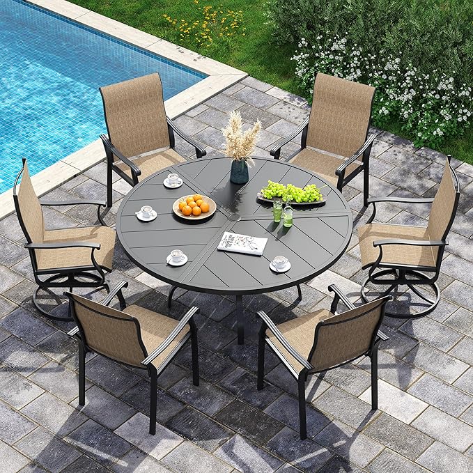 UDPATIO 7 Piece Patio Dining Set for 6, Patio Outdoor Table and Chairs, 51" Black Round Table with Umbrella Hole, Brown Patio Chairs, Patio Table with Chairs, Outdoor Dining Set for Lawn, Backyard