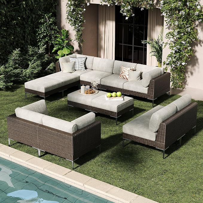 LayinSun 12-Piece Wicker Rattan Patio Furniture Set, Deep Seating Outdoor Modular Sectional Sofa Conversation Set with Thick Cushions for Lawn, Garden