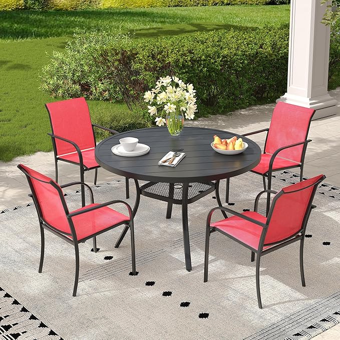 5 Pieces Outdoor Dining Set, Stackable Textilene Paito Chairs & 40.6" Round Dining Table with Umbrella Hole and Shelf, Patio Dining Set for Backyard, Deck, Garden, Red & Black