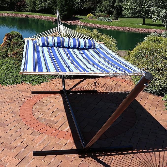 Sunnydaze Quilted Double Hammock with Stand for Outside - 400-Pound Capacity 2-Person Hammock with Stand - 15-Foot Stand - Catalina Beach