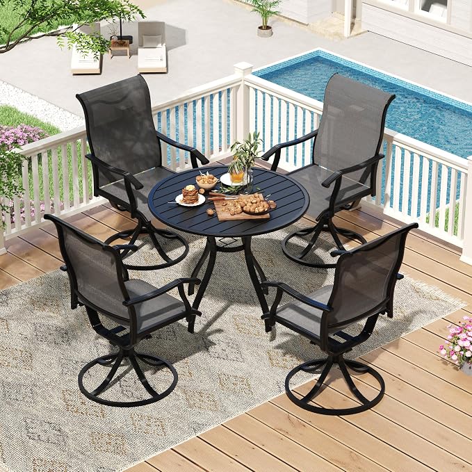 LVUYOYO 5-Piece Outdoor Patio Dining Set, Textilene Swivel Chairs & Round Table Set, All-Weather Table and Chairs Set with Umbrella Hole for Backyard, Garden,Balcony,Porch (Gray)