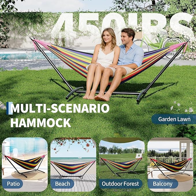 Double Hammock with Stand for Outside, 2 Person Heavy Duty Hammocks for Indoor Outdoor Patio with Carrying Bag, 450 Lbs Capacity, Space Saving Heavy-Duty Steel Stand