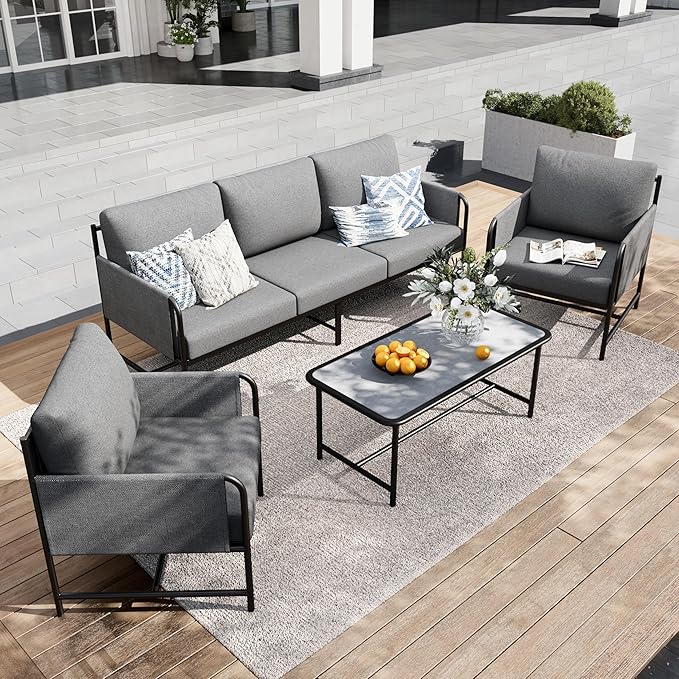 PHI VILLA Patio Furniture Set,Iron Metal Outdoor Furniture Set with Coffee Table, Thick Cushions and Fabric Covered Armrests, Deep Outdoor Sofa for Garden/Porch/Deck（Backyard ICON Collection）