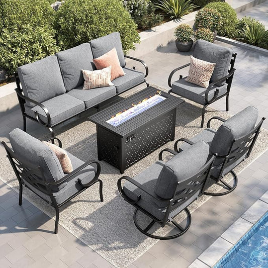 PHI VILLA Patio Furniture Set, 3-Seater Sofa, 2 Fixed Chairs, 2 Swivel Chairs and a 45" Fire Pit Table, Outdoor Metal Conversation Set with 5.75" Extra Thick Cushion for Garden Backyard Deck, Grey