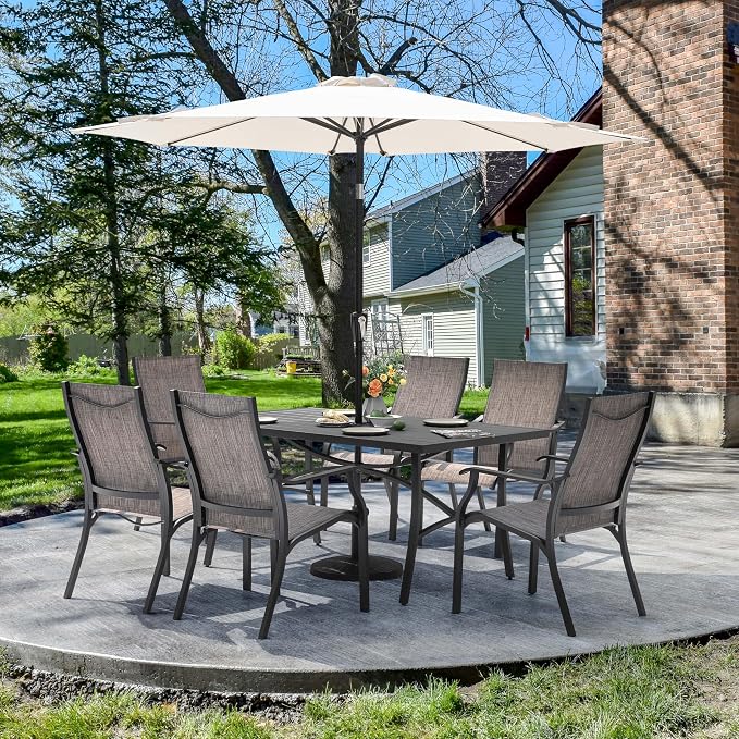 NUU GARDEN 7-Piece Patio Dining Set, Rust-Resistant Outdoor Dining Set, Include 6 Textilene Aluminum Chairs and Rectangular Dining Table with 1.6" Umbrella Hole and Aluminum Tabletop, Grayish Brown