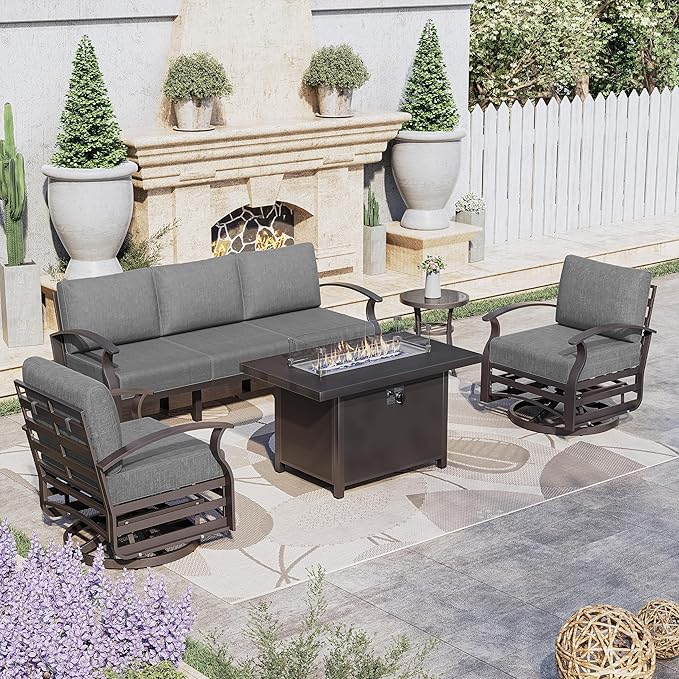 Kurapika Aluminum Patio Furniture Set 5-Seat Modern Metal Outdoor Conversation Sets w/45in Propane Fire Pit Table, Swivel Rocking Chairs Patio Sectional Sofa w/5.1 Inch Cushion, Grey