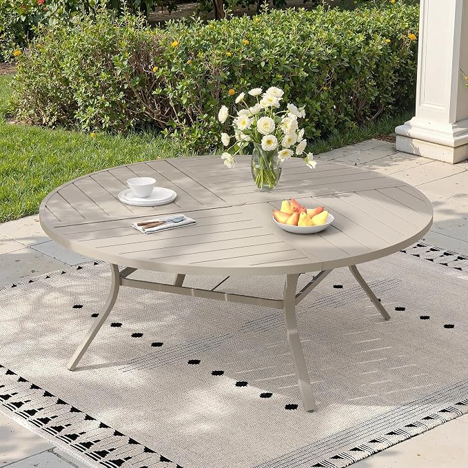 63" Outdoor Dining Table with Adjustable Umbrella Hole, Metal Slatted Round Patio Dining Table for Backyard Garden Deck, Sandshell