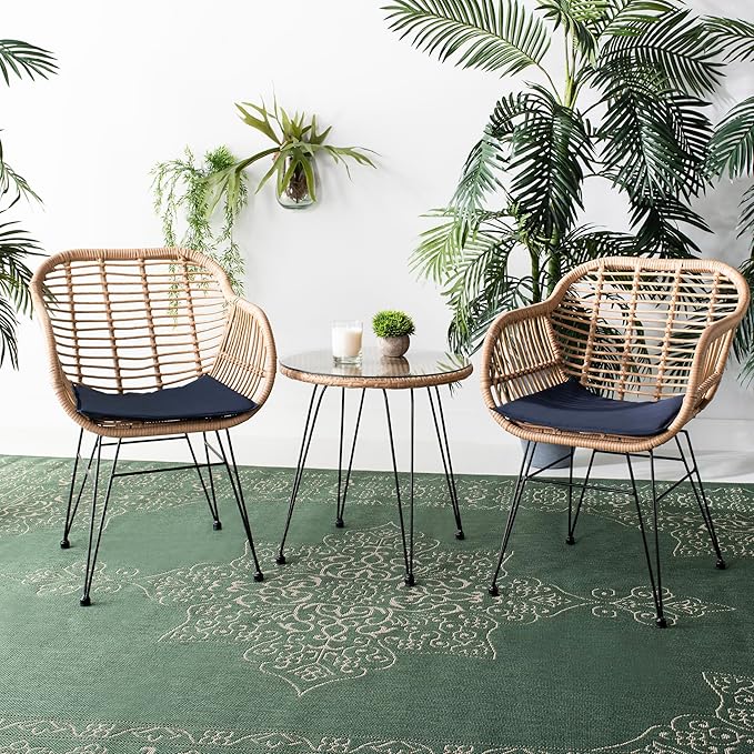 SAFAVIEH Outdoor Collection Alton Light Brown Rattan/Navy Seat Cushion 3-Piece Patio Lounge Bistro Set with Table (PAT9004B)