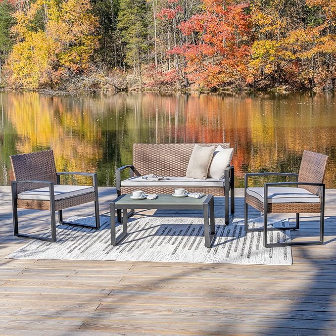 JONATHAN Y LVG1102B-4SET Elina 4-Piece Modern Coastal Faux Wicker Conversation Outdoor Patio Set Mid-Century, Classic, Transitional, Traditional, Minimalist, White/Black