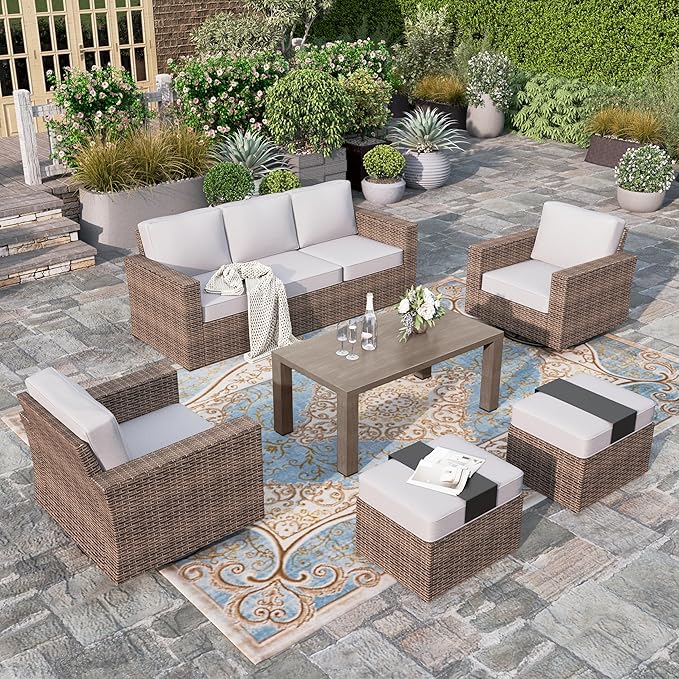Patio Furiture Set with Swivel Glider Chairs, Outdoor Wicker Conversation Set with 5.5" Thick Cushions, 6 Pieces Deep Seating Outside Sofa Set with 4.92" Wide Armrests for Deck Lawn, Grey