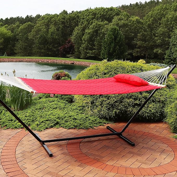 Sunnydaze Double Quilted Polyester Hammock with Detachable Pillow - 440-Pound Capacity - Red