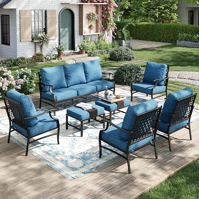 Patio Furniture Set 7 pcs, Outdoor Patio Furniture, 3-Seat Sofa, 4 Single Chairs, 2 Ottomans and 5.75" Extra Thick Cushion, Conversation Set for Backyard Deck,Gemstone Blue