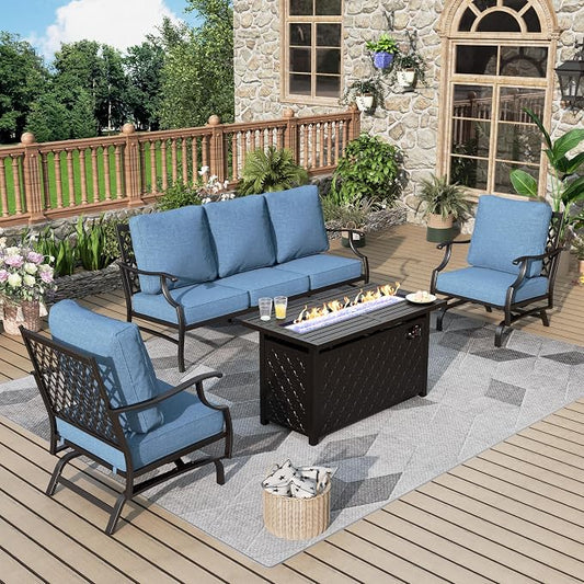 MIXPATIO Patio Furniture Set, 4 Pcs Metal Outdoor Conversation Set, 2 Rocking Chairs and 3 Seater Sofa with 5.75" Extra Thick Cushion and Gas Fire Pit Table for Backyard Deck, Navy Blue