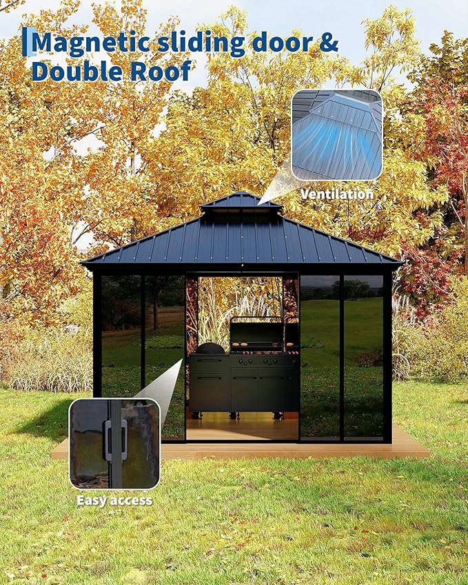 GarveeLife 12x12 ft Sunroom Hardtop Gazebo, Enclosed Gazebo with Floor-to-Ceiling Sliding Doors, All-Aluminum Alloy Frame, Screen Outdoor Room Solarium for Backyard, Patio, and Deck
