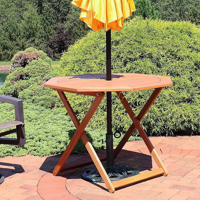 Sunnydaze Meranti Wood Folding Outdoor Table with Umbrella Hole - Foldable Patio Table for Dining & Gatherings - Teak Finish - Octagon