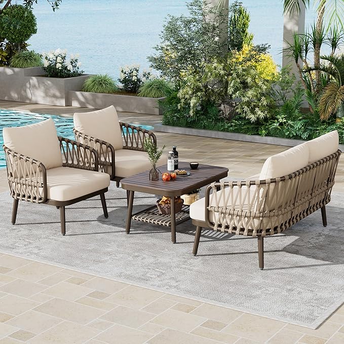 Montary 4-Piece U-Shaped Outdoor Patio Conversation Set - Metal Chairs with Woven Rope Design, Includes Acacia Coffee Table & Thick Cushions for Garden,Poolside, Balcony, Backyard (Brown)