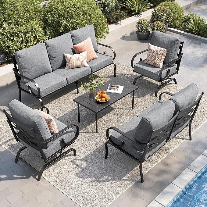 PHI VILLA Patio Furniture Set, 1 Loveseat, 3-Seater Sofa, 2 Rocking Chairs and a Coffee Table, Outdoor Metal Conversation Set with 5.75" Extra Thick Cushion for Garden Backyard Deck, Grey