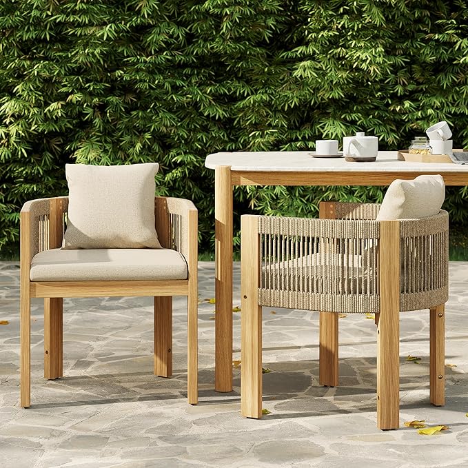homary 7-Pieces Outdoor Dining Set, White Cement Table with Teak & Rattan Dining Chairs, Weatherproof Cushions, Comfortable Patio Furniture Set for Garden & Patio