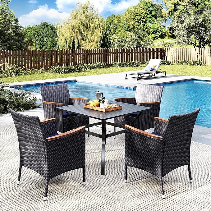 MFSTUDIO 5 Pieces Outdoor Rattan Dining Set, Patio Square Table and Wicker Chairs for 4, Outdoor Metal Table Set for 4 with Chairs, Wicker Patio Dining Furniture for Backyard, Porch
