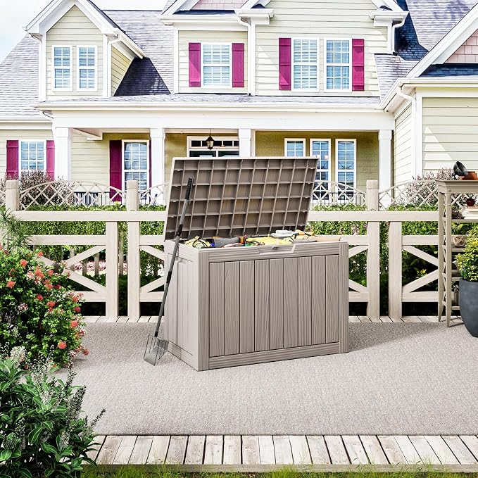 Outdoor Storage Box, 45 Gallon Resin Deck Boxes Outdoor Waterproof For Patio Furniture, Garden Tools, Pool Supplies, Lockable And UV Resistant (Striped Gray)