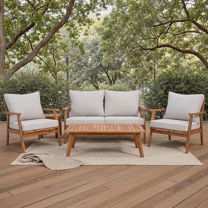 SAFAVIEH PAT7305E-2BX Collection Castalia Acacia Wood Cushion 4-Piece Conversation Patio Outdoor Living Set, Natural/Light Grey
