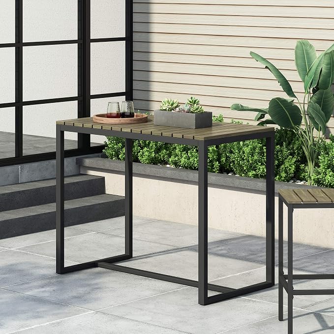 Christopher Knight Home Frieda Outdoor Modern Industrial Acacia Wood Bar Table, Gray Finish + Black