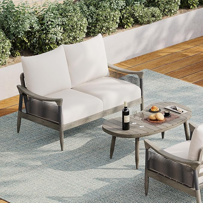 Christopher Knight Home Havets 2 Piece Patio Conversation Sets, Outdoor Acacia Wood Patio Seating Group,Woven Rope Loveseat with Cushions and Coffee Table for Porch Garden Backyard Balcony, Gray+Beige