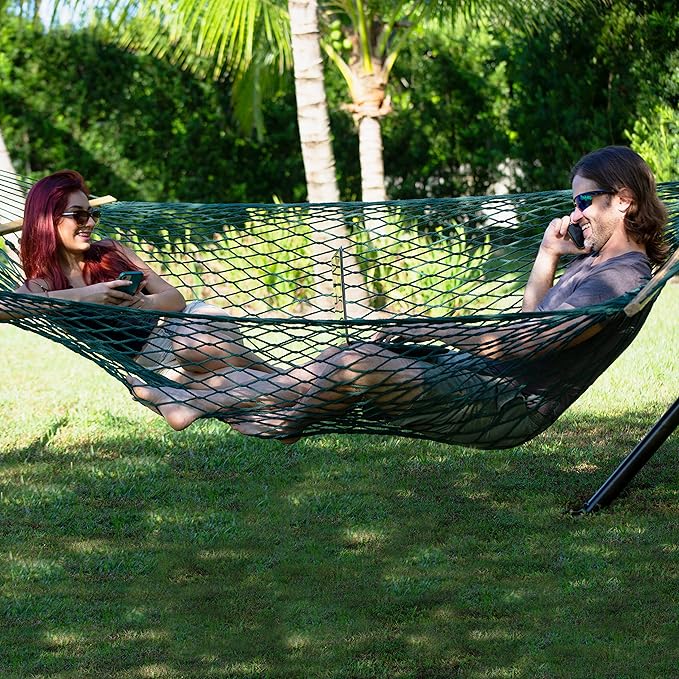 Bliss Hammocks BH-410GR 60in Wide Cotton Rope Hammock, Indoor Outdoor Poolside Patio Backyard Hammock, Includes Chains & Hooks, Eco Friendly Polyester, Hardwood Spreader, 450 Pound Capacity, Green