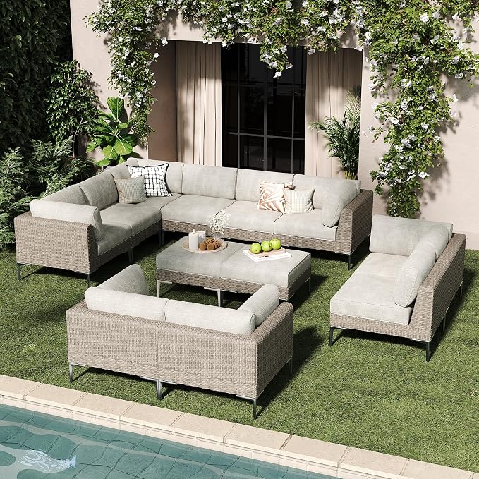LayinSun 12-Piece Wicker Rattan Patio Furniture Set, Deep Seating Outdoor Modular Sectional Sofa Conversation Set with Thick Cushions for Lawn, Garden