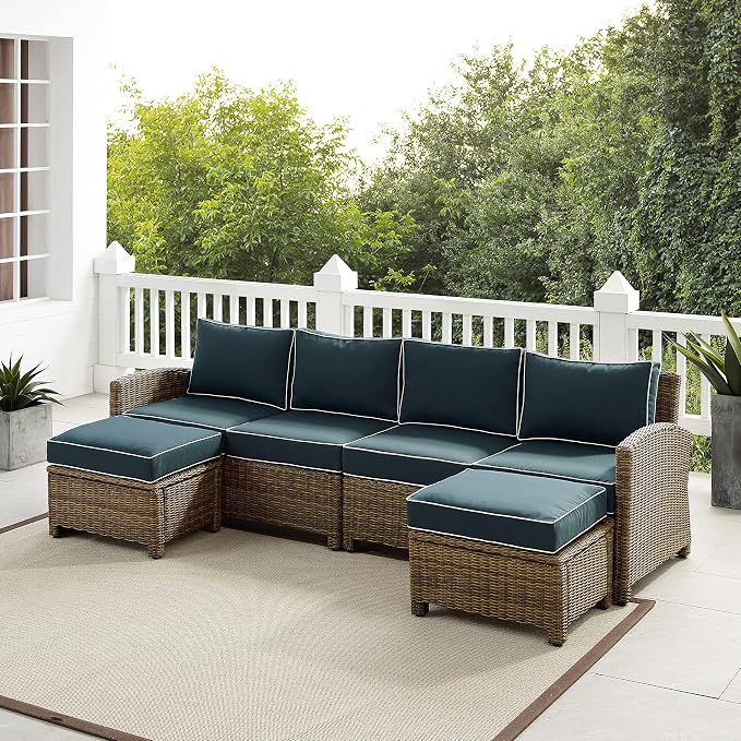 Crosley Furniture Bradenton 4-Piece Outdoor Sectional Sofa Wicker Conversation Patio Furniture Set for Deck, Brown with Navy Cushions