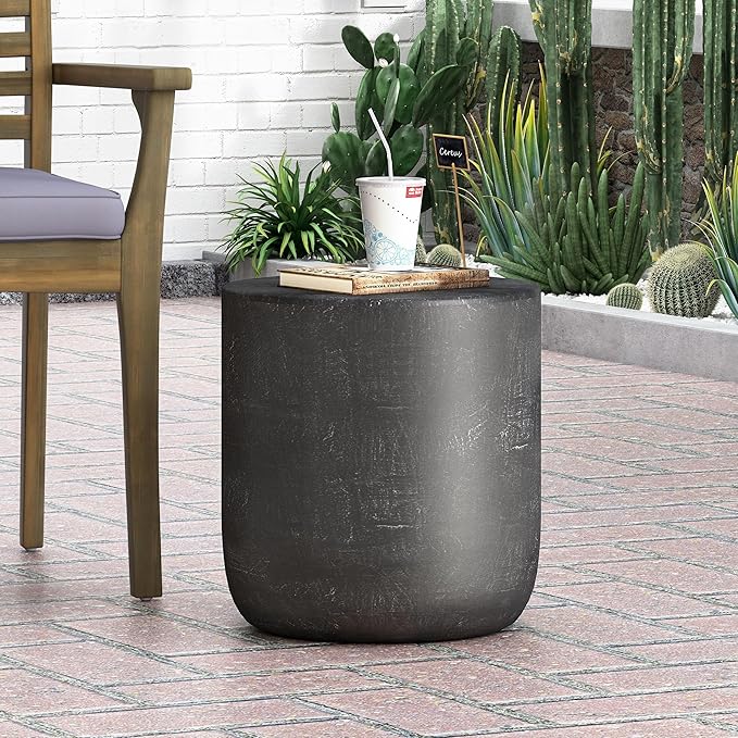 Outdoor Side Table Patio Concrete Side Table Round Drum End Table Faux Stone Side Tables Travertine Small Coffee Tables, Garden Stool Plant Stand for Backyard, Cylindrical, Antique Black