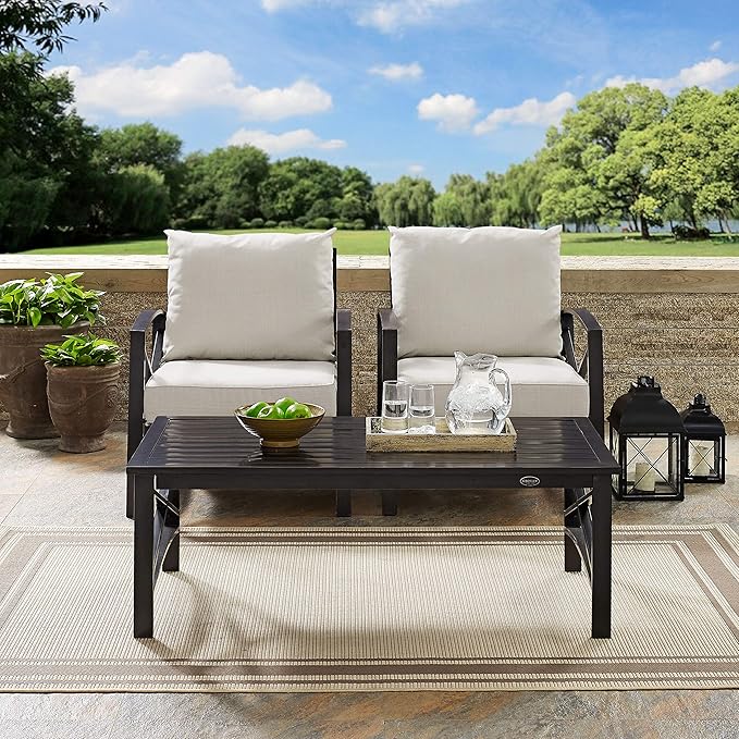Crosley Furniture Kaplan 3-Piece Outdoor Chair and Coffee Table Set, Wicker Patio Conversation Sets for Deck, Oiled Bronze with Oatmeal Cushions
