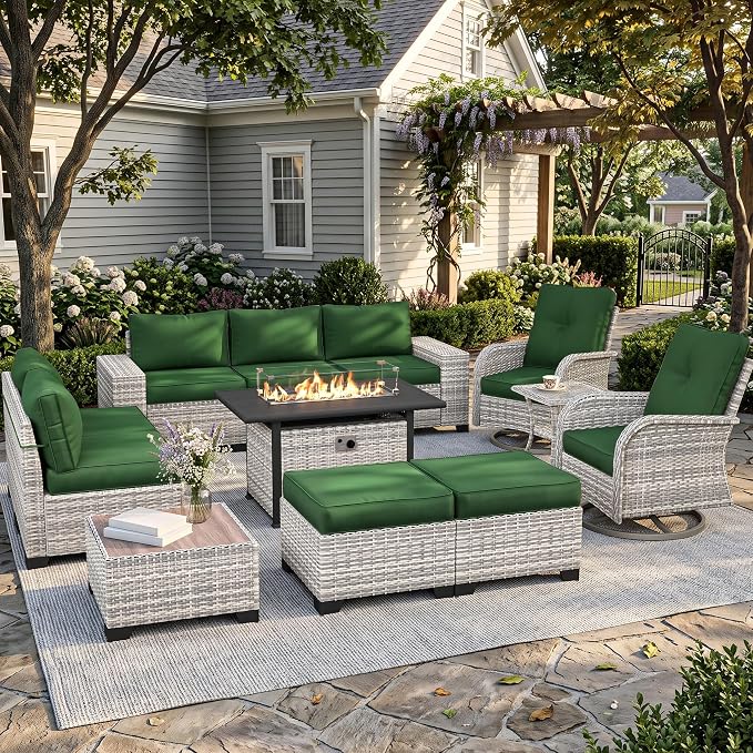 12-Piece Outdoor Patio Furniture Set with Rocking Swivel Chair, PE Wicker Rattan Sectional Sofa 55,000 BTU Fire Pit Table Patio Conversation Set with Ottomans and Chunky Arms, Green