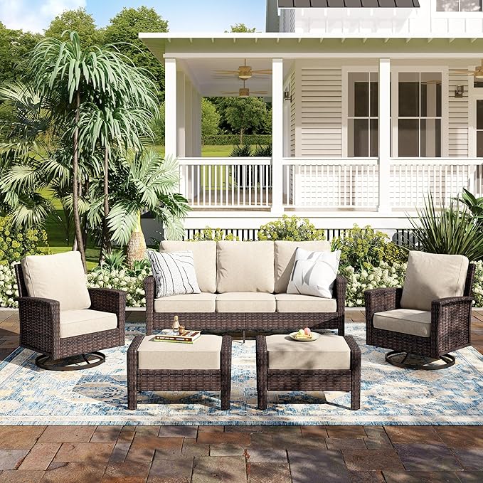 5-Piece Wicker Patio Furniture Set with Swivel Chairs, High Back Outdoor Furniture with 5.5-inch Thick Cushion and Ottoman, All-Weather Wicker Patio Conversation Set for Deck Yard Pool, Beige