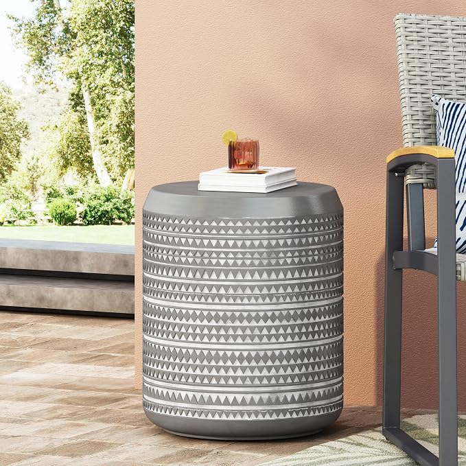 Outdoor Side Table 15.5" Cylindrical Shape Lightweight Concrete-Look Outdoor Indoor Accent Table Decorative Garden Stools, for Patio Porch Living Room, Grey