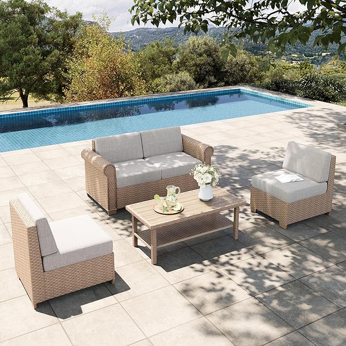 HERA'S HOUSE Patio Furniture Set, All Weather 4 Seats Outdoor Sectional Wicker Sofa with 44" Coffee Table, 5.5" Thick Waterproof Cushion Modular Conversation 5 Pieces Sofa Set for Garden Deck Backyard